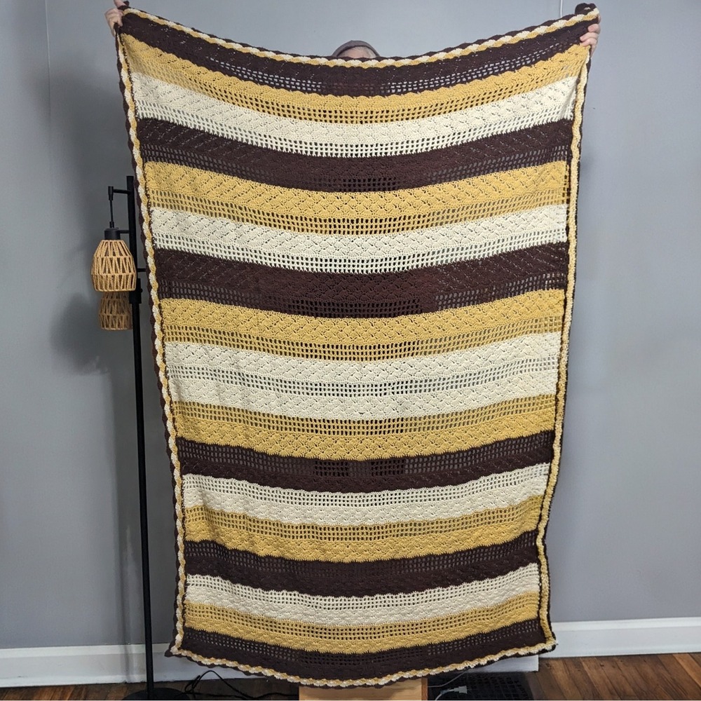 Vintage Handmade Crochet Afghan Blanket Striped Brown Yellow Cream Throw